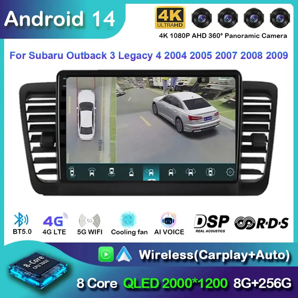 Android 14 Carplay Car Radio For Subaru Outback 3 Legacy 4 2003 2004 2005 - 2009 Navigation GPS Multimedia Player wifi+4G BT DSP