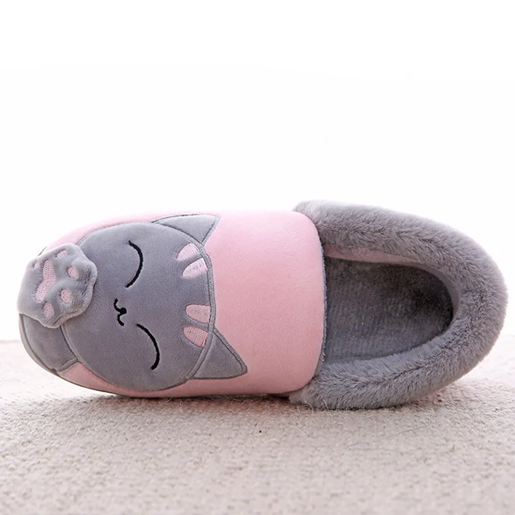 Kobiety Zimowe Ciepłe Kapcie Cartoon Cat Shoes Furry Plush Slides Round Toe Flats Indoor Home Bedroom Floor Slippers Ladies Shoes