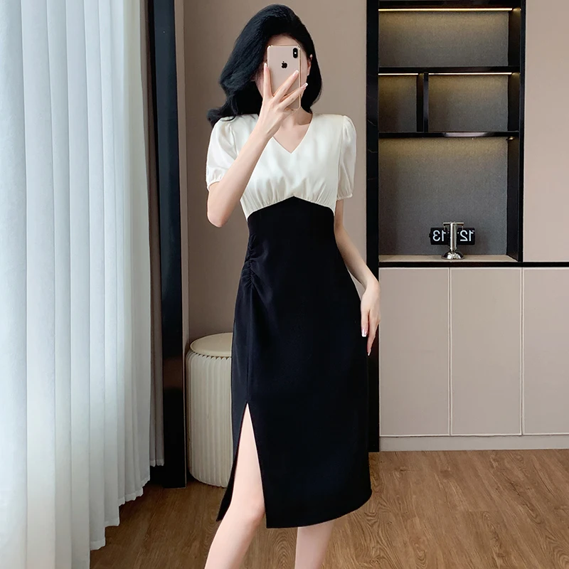 

French New High-end Temperament Elegant Patchwork Dress Summer V-Neck Puff Sleeves Slim Fit Slit Casual Chiffon Dress