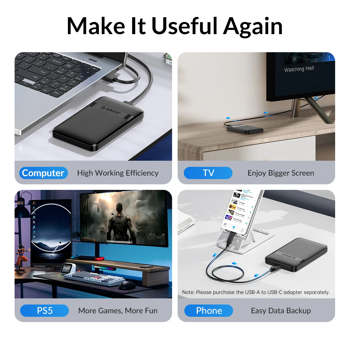 

ORICO HDD Case 2.5 Inch SATA to USB3.0/Type-C HDD Enclosure 6Gbps Max USB-C External SATA HDD Enclosure Support Auto-Sleep