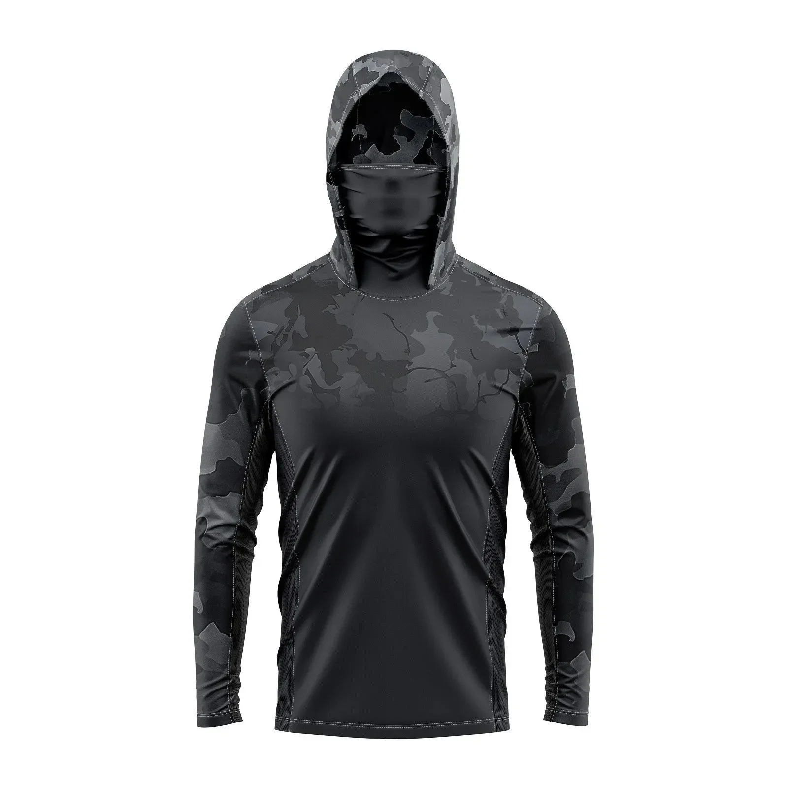 Men's UPF 50+ Gray Ink Camo Fishing Hoodie with Face Mask Long Sleeve UV Protection Quick Dry Breathable Mesh Boating Sun Shirt