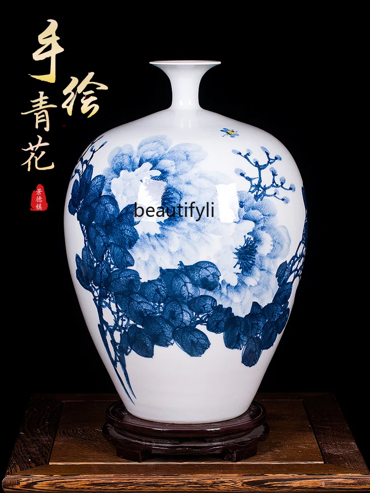 Jingdezhen Ceramics Hand Painted Blue and White Peony Vase Decorative Ornament Chinese Living Room