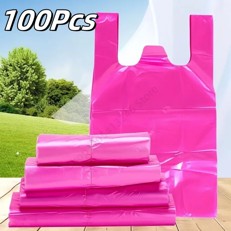 100 Stück rosa Plastiktüten für die Küche, Einweg-Müllbeutel, Supermarkt-Einkaufstüten mit Griff, Westentüten