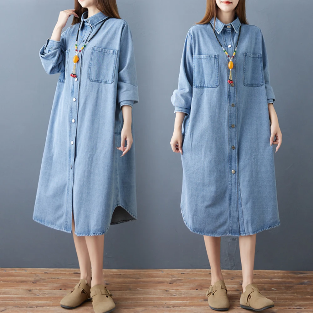 NYFS 2025 Herbst Winter Koreanische Neue Frauen Hemd Kleid Lose plus Größe Robe einreiher Elbise Denim Kleider