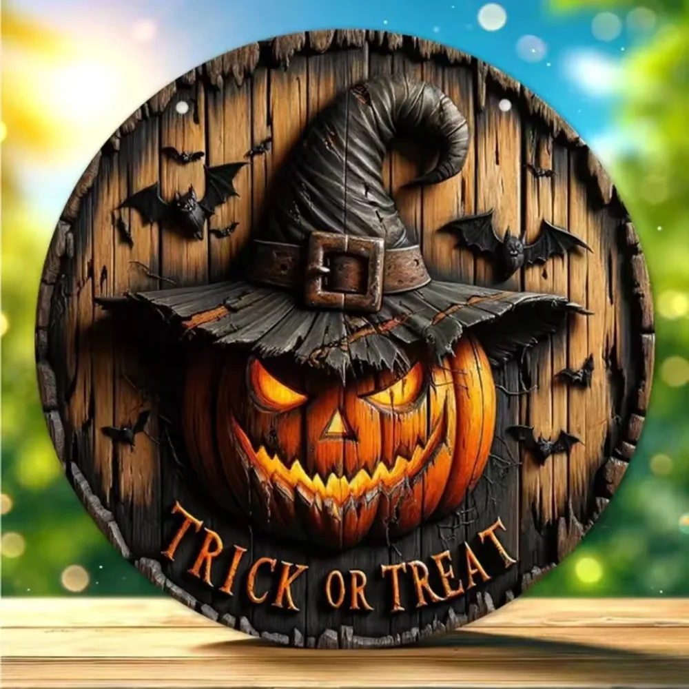 2D Flat Vintage Halloween Witch Hat Pumpkin Bats TRICK OR TREAT Round Wooden Sign, Wooden Plaque, Rustic Spooky Horror Wall Art