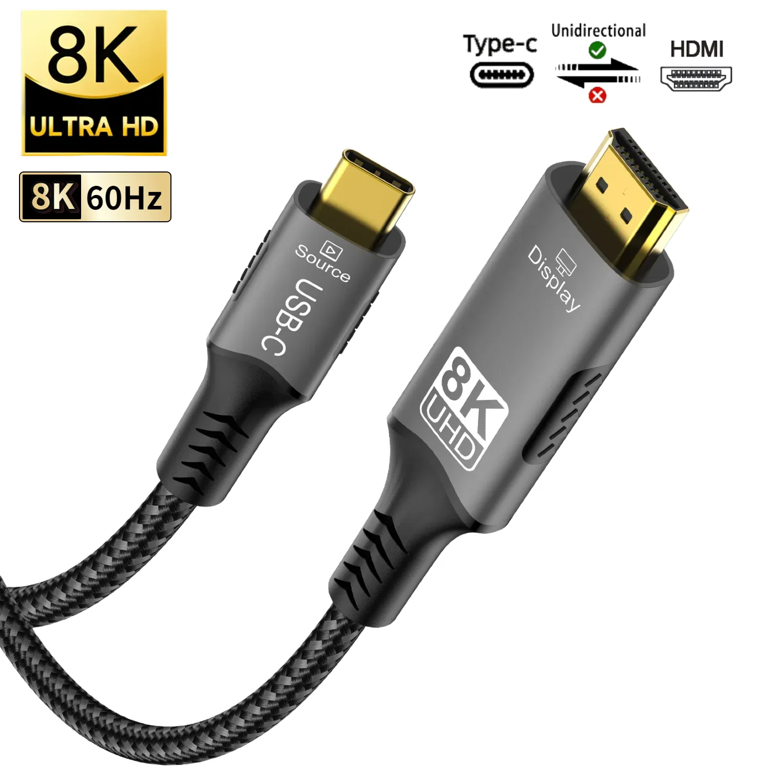 كابل USB C إلى HDMI 8K@60 هرتز من النوع C إلى HDMI 2.1 متوافق مع Thunderbolt 3/4 MacBook Pro/Air، iPad، iMac