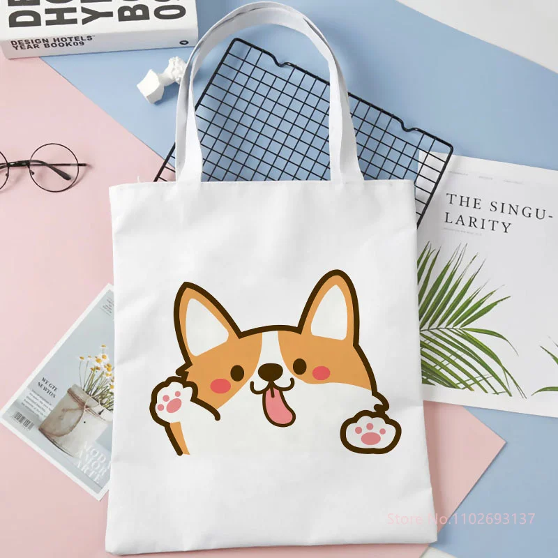 Women Linen Shoulder Corgi Pug Dog Animal Handbag Ladies Casual Tote Bag Large Capacity Reusable Shopping Bag Simple Student Bag