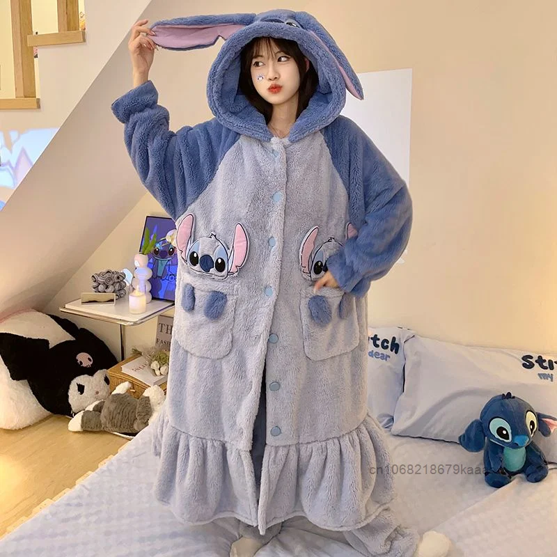 Disney Stitch Coral Velvet Sleeping Robe Korean Version Cute Fashion Thick Nightwear Women\'s Winter New Flannel Home Clothes Set