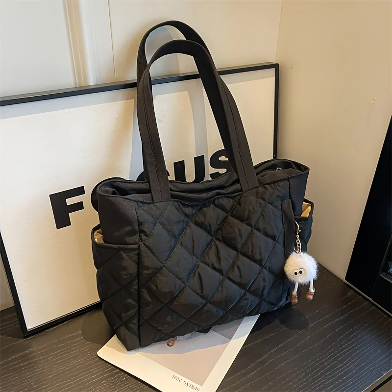 Women's Black & Beige Rhombus Quilted Handbag Nylon Handbags Shoulder Bag with Purse and Pendant for Women Tote Bag Everyday Use - view 2