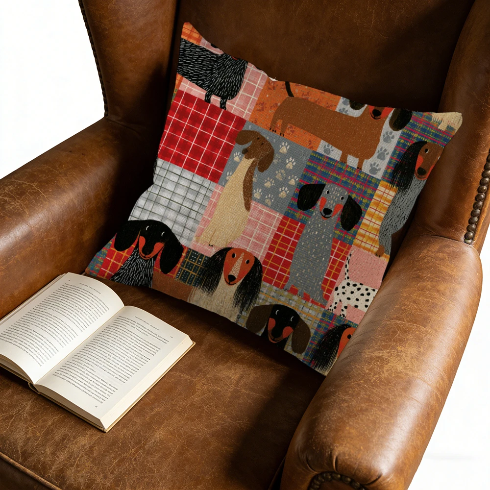 1Pc Retro Multicolor Dachshund Dog Patchwork Print Cushion Cover for Sofa Bed Living Room 45x45cm
