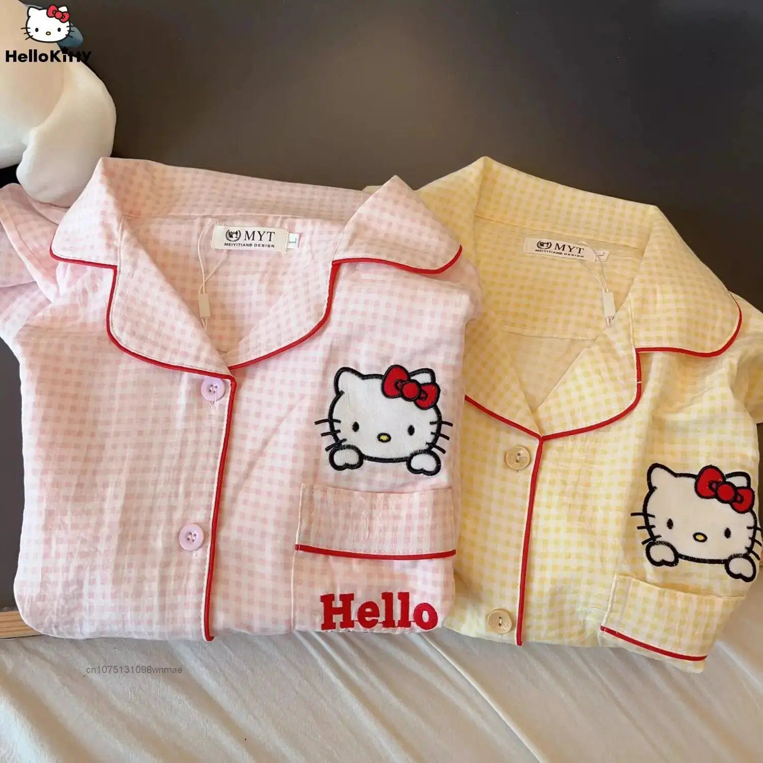 Sanrio Hello Kitty bielizna nocna dla kobiet, letnia piżama, zestaw tkanych bawełnianych szortów, uroczy haft z kreskówek, odzież domowa, 2 szt.