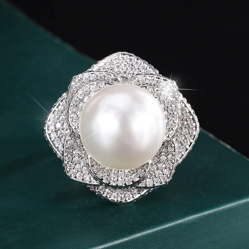 Copper Electroplated Gold Fashion Jewelry New Style Mother-of-Pearl Inlaid Diamond Floral Inlaid Women's Ring14mm