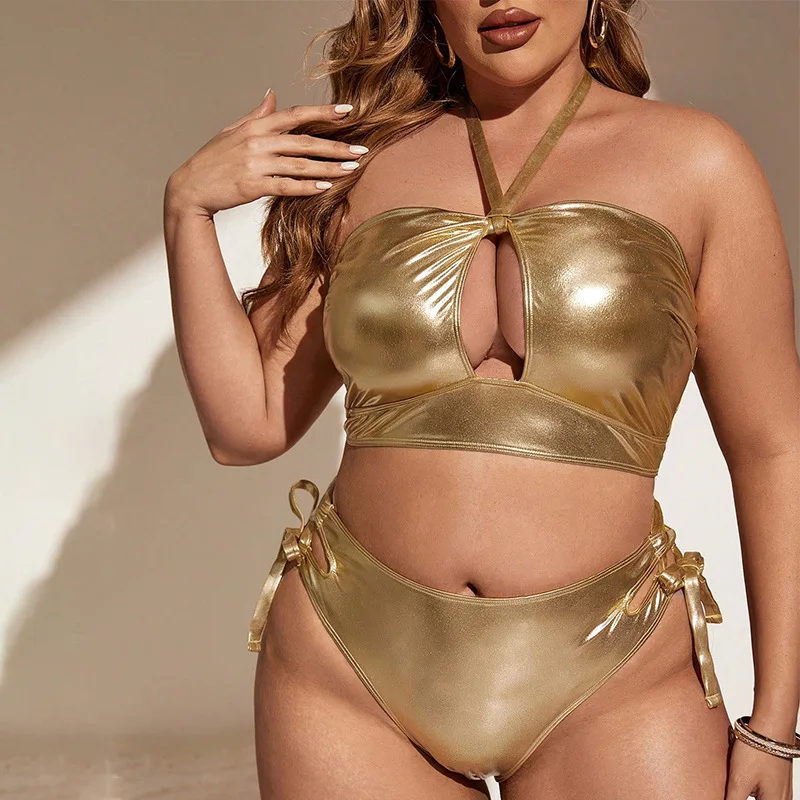 Bikini fendu de grande taille pour femmes, maillot de bain de plage suspendu en or, nouveauté, 2024