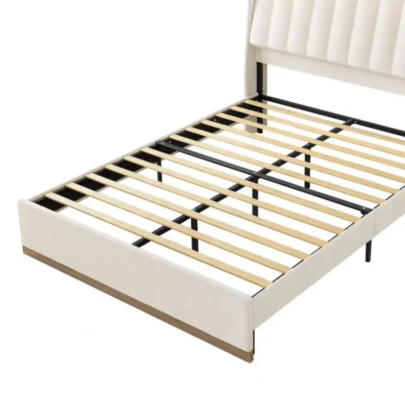 Platform Bedstead, Queen Size Bed Frame, Upholstered Bed Frame with RGB LED Lighting, Charging Station, Storage Space, No Mattre