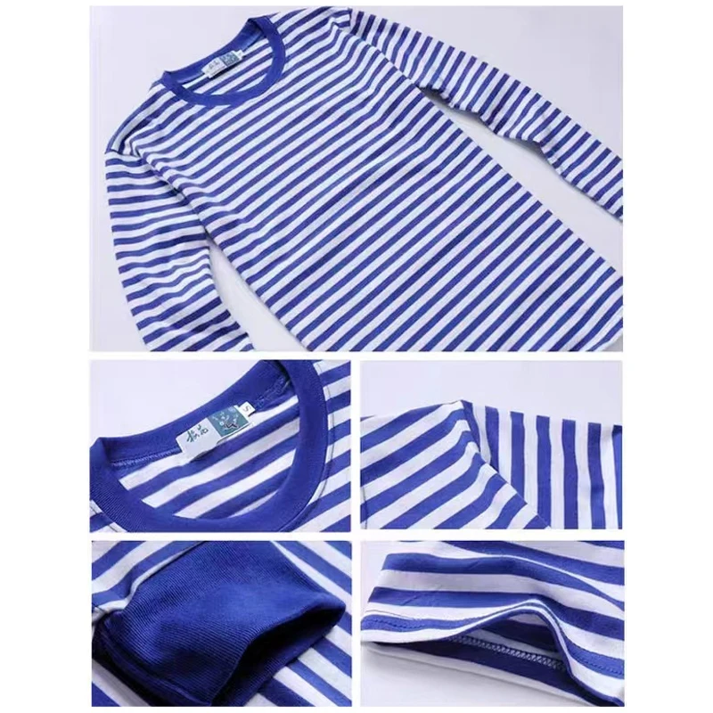 Men\'s Blue White Striped Long Sleeve T-shirt Cotton Blended Round Neck Loose Retro Pullover Top Navy Shirt Base T Shirt L-4XL