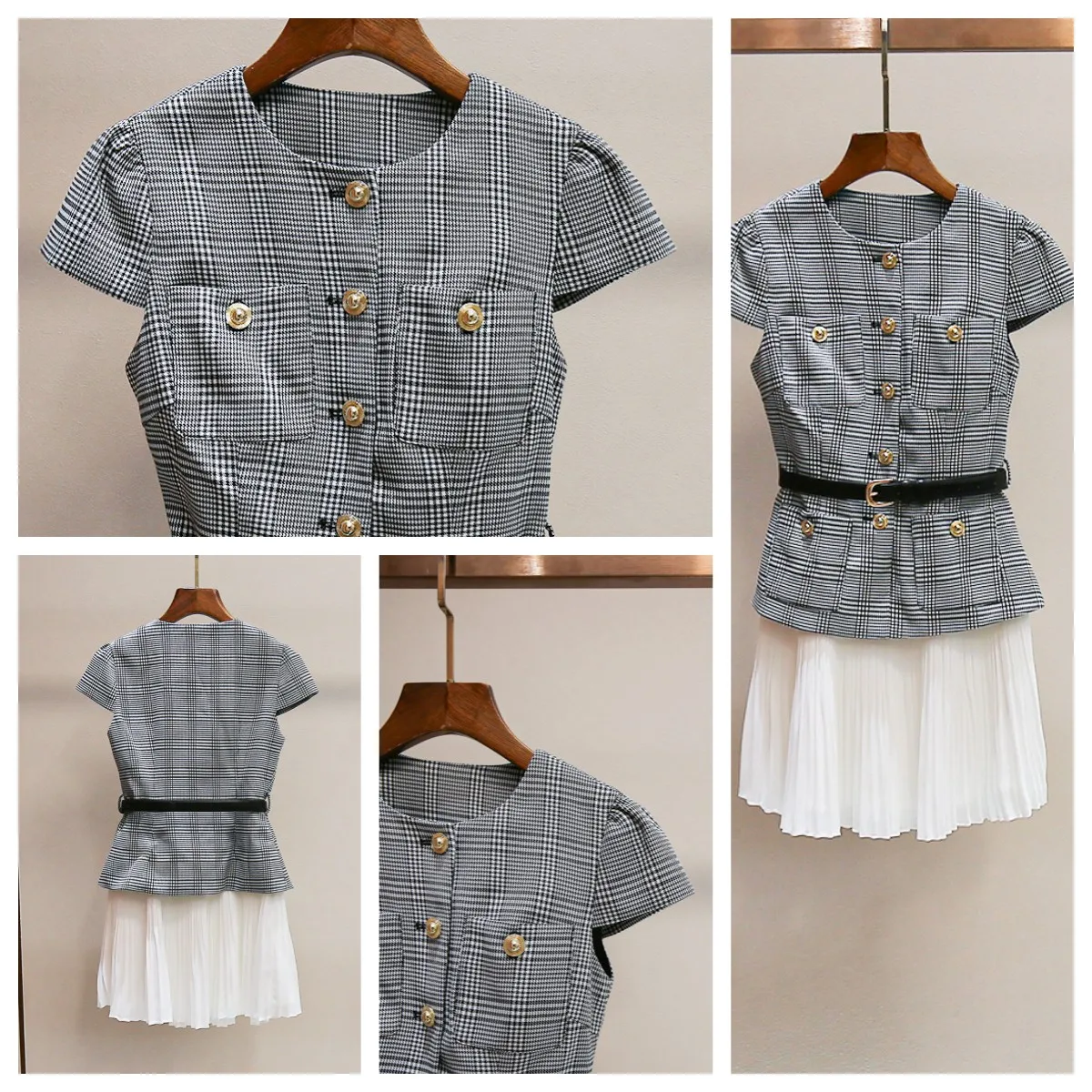 

Summer Women Vacation Two piece Dress with Thousand Bird Grid Splicing Round Neck High Waist Mini Robe