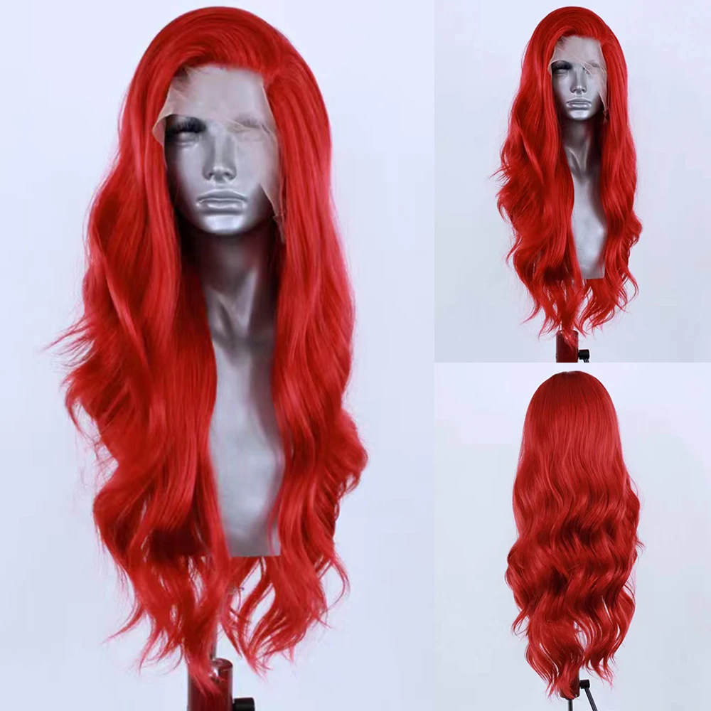 AIMEYA Hot Red Lace Front Wig for Women Girls Long Natural Wave Synthetic Wig Soft Heat Resistant Hair Daily Use Cosplay Wigs