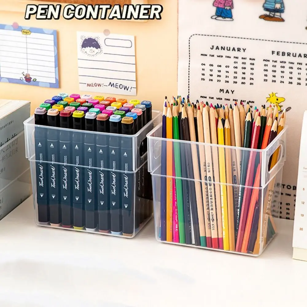 Simple Plastic Miscellaneous Storage Box Transparent Portable Marker Pen Holder Cosmetics Storage Basket School Office