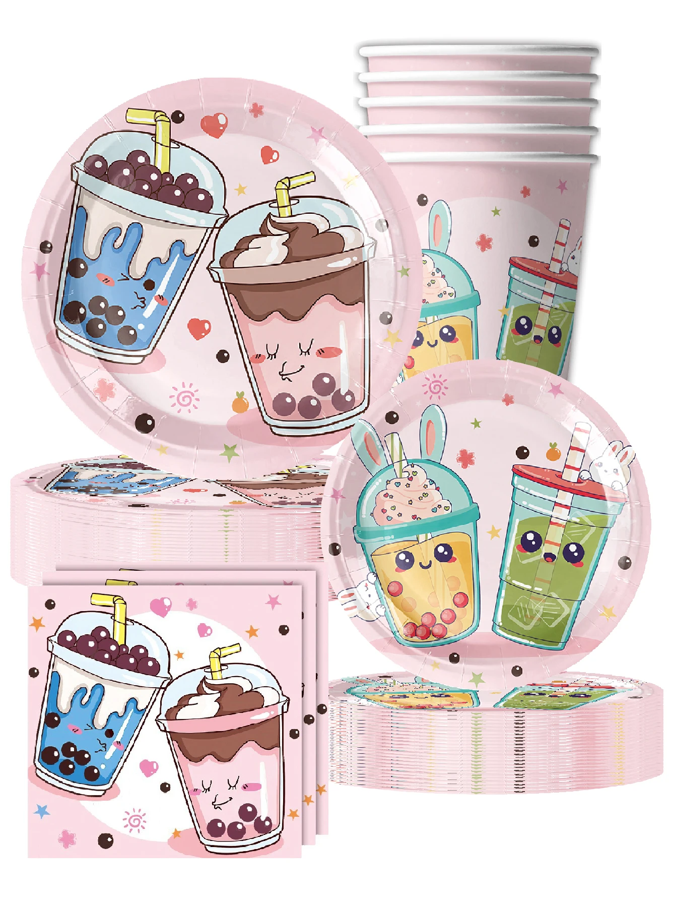 Articles de fête sur le thème du thé au lait, mignons et amusants, pour anniversaire ou fête, comprenant assiettes en papier, gobelets, serviettes et accessoires pour dégustation de thé au lait.
