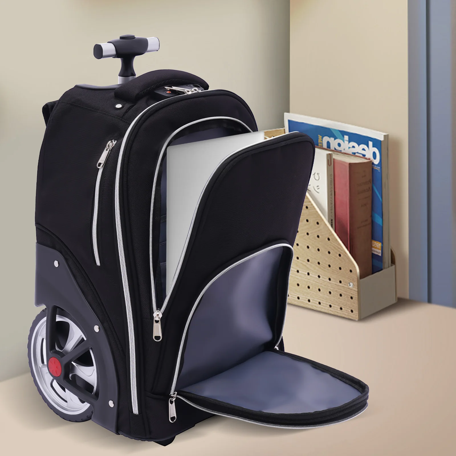 Sac à dos de voyage à roulettes 45L, sac à dos pour ordinateur portable 3-en-1 avec serrures à code et bandes réfléchissantes, transport multifonctionnel pour ordinateur portable