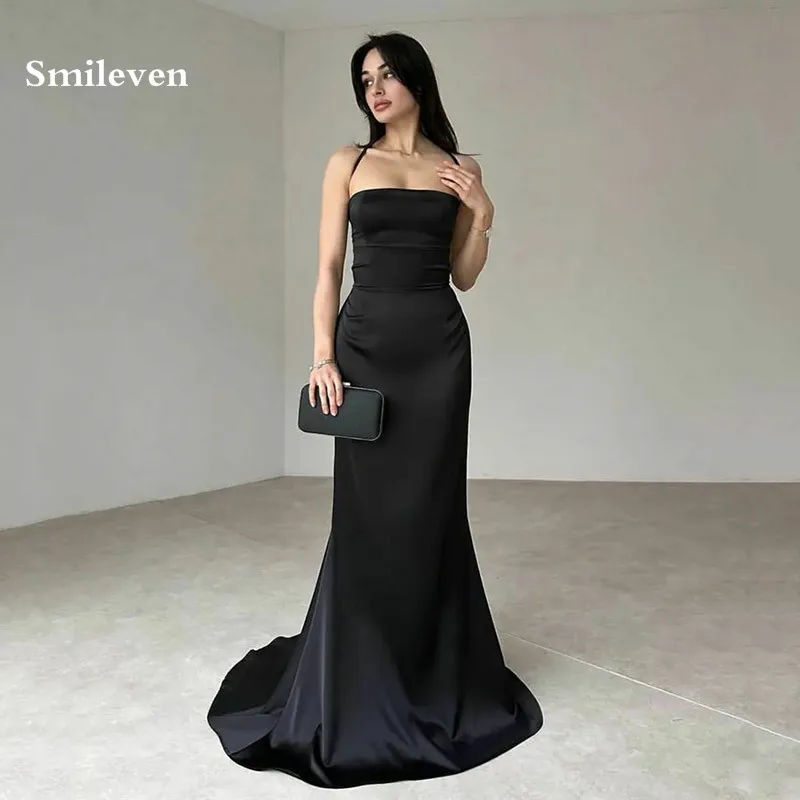 

Smileven Sexy Black Halter Evening Dresses Lacing Back Prom Dress Soft Silk Satin Sleeveless Party Gowns 2024