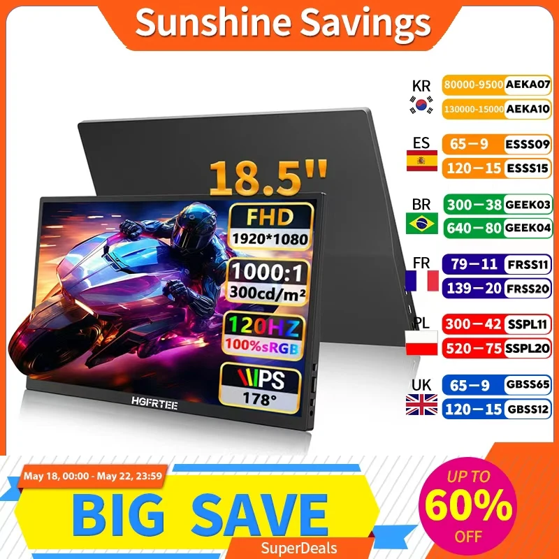 HGFRTEE 18.5 Inch 120Hz Monitor 300Cd/m 100%SRGB Gaming PC Computer Display mini HDMI-Compatib/Type-C For PS4/5 Xbox Switch