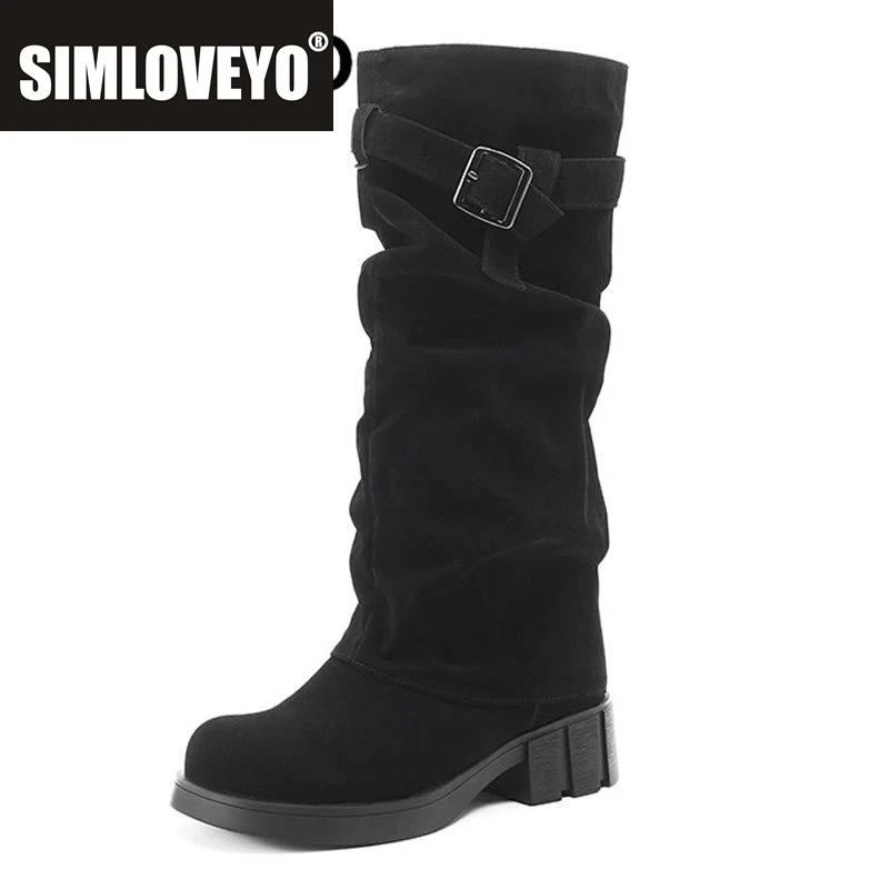 

SIMLOVEYO Flock Female Long Boots Round Toe Thick Heels 4.5cm Platform Slip On Belt Buckle Plus Size 42 43 Casual Booties
