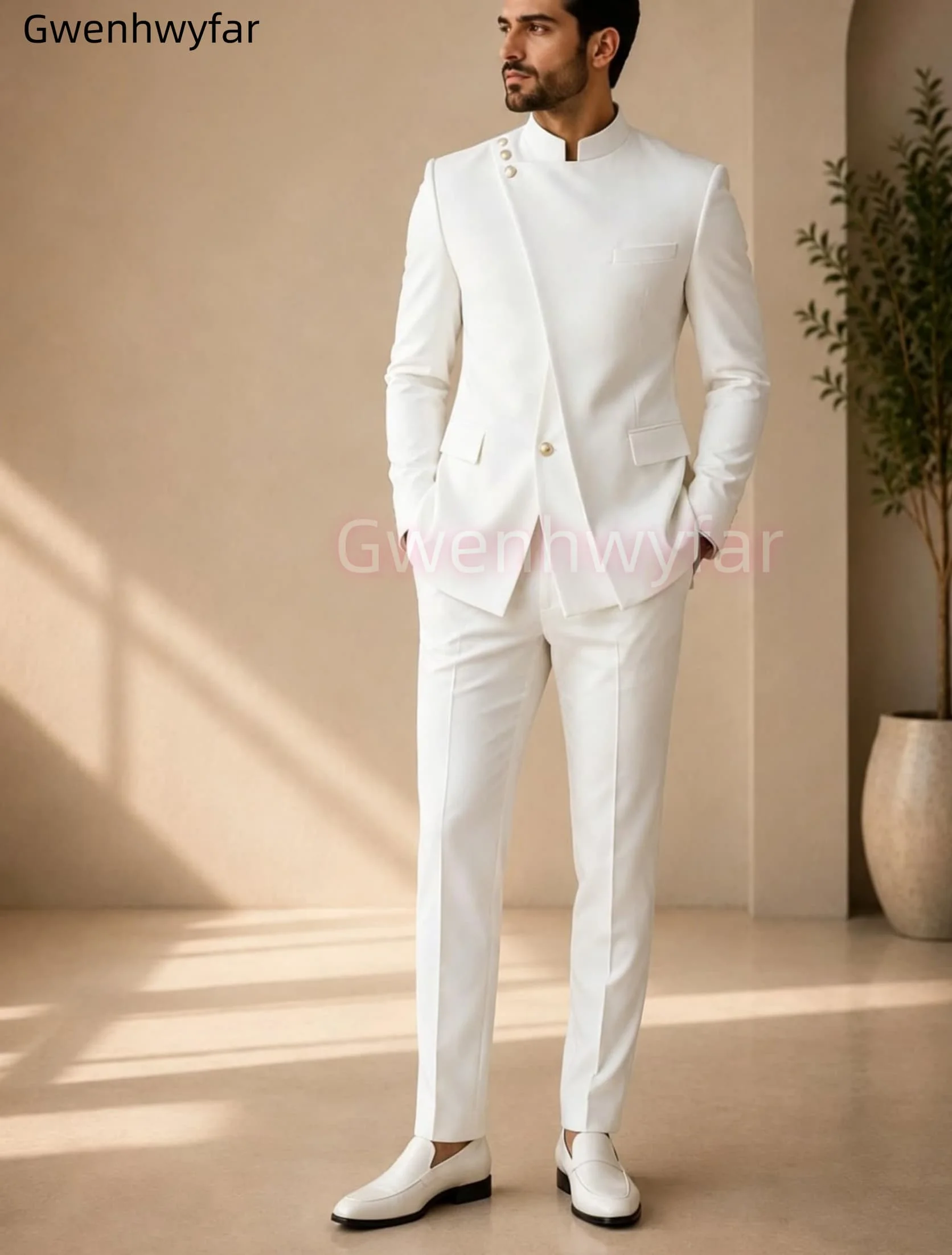 Gwenhwyar Neuankömmling Hellgraue Freizeitjacke mit Hose, formeller Business-Büroanzug für Herren, Bräutigam, Hochzeit, Party, Blazer, Hose – Detail 18