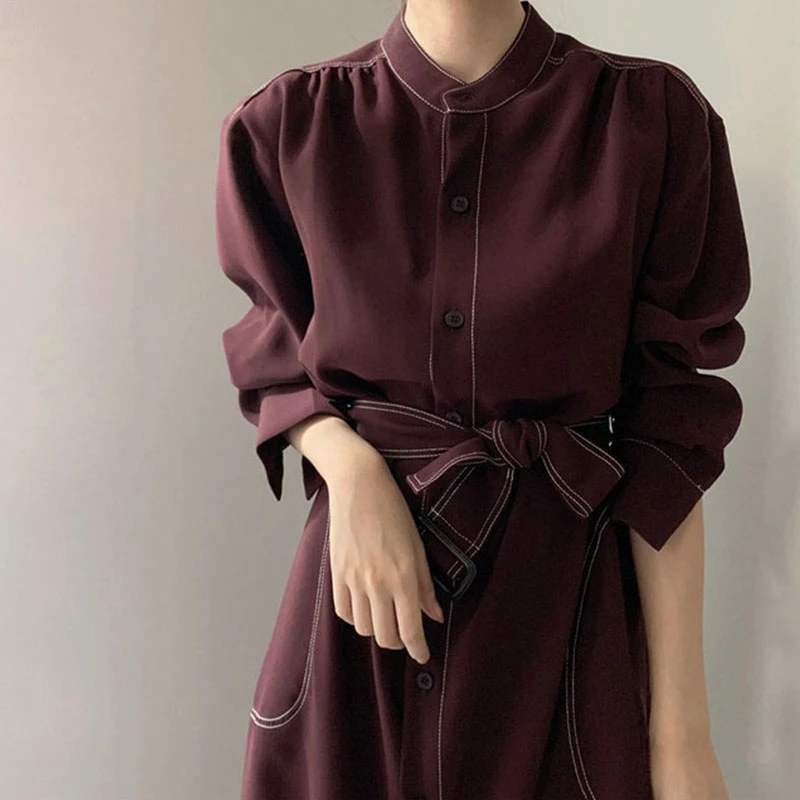 Women French Mid Length Temperament Dress With Belt Waist Cinching Slimming Shirt Design Feeling Long Vestidos Spring Autumn New