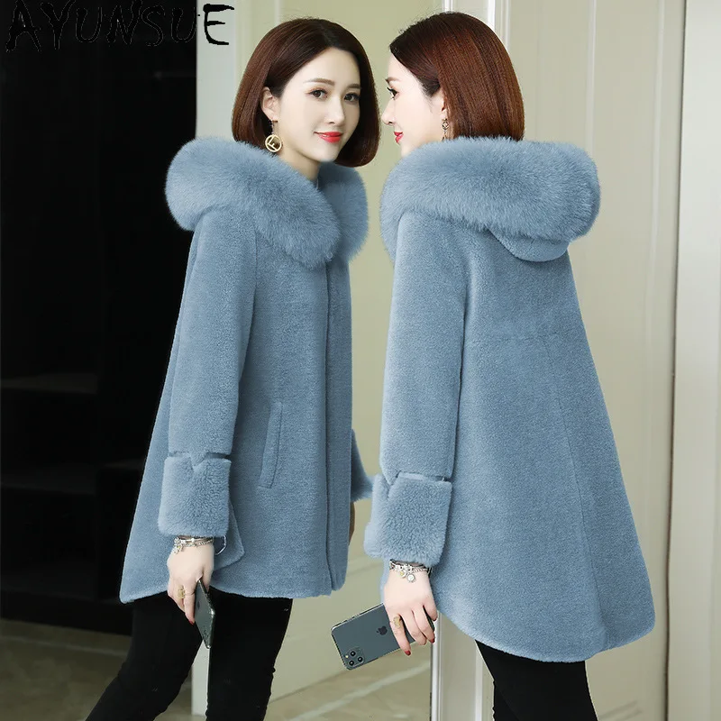AYUNSUE 100% laine manteau 2025 vestes d'hiver pour femmes mouton cisaillement manteaux femme Composite fourrure intégré chaud col de fourrure de renard