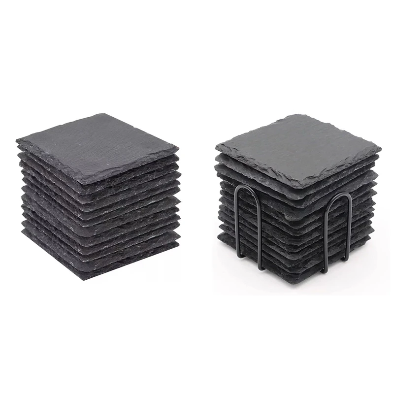 12PCS Slate Coasters Bulk 4 Inch Square Black Slate Stone Coaster Handmade Drink Bar Slate Coasters