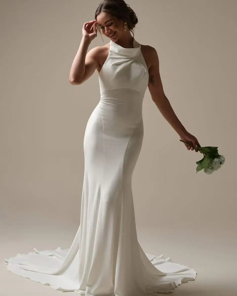 

Sexy White Halter Sleeveless Wedding Gown Long Party Gowns Unique Open Back Design Simple Mermaid Customized Prom Gowns