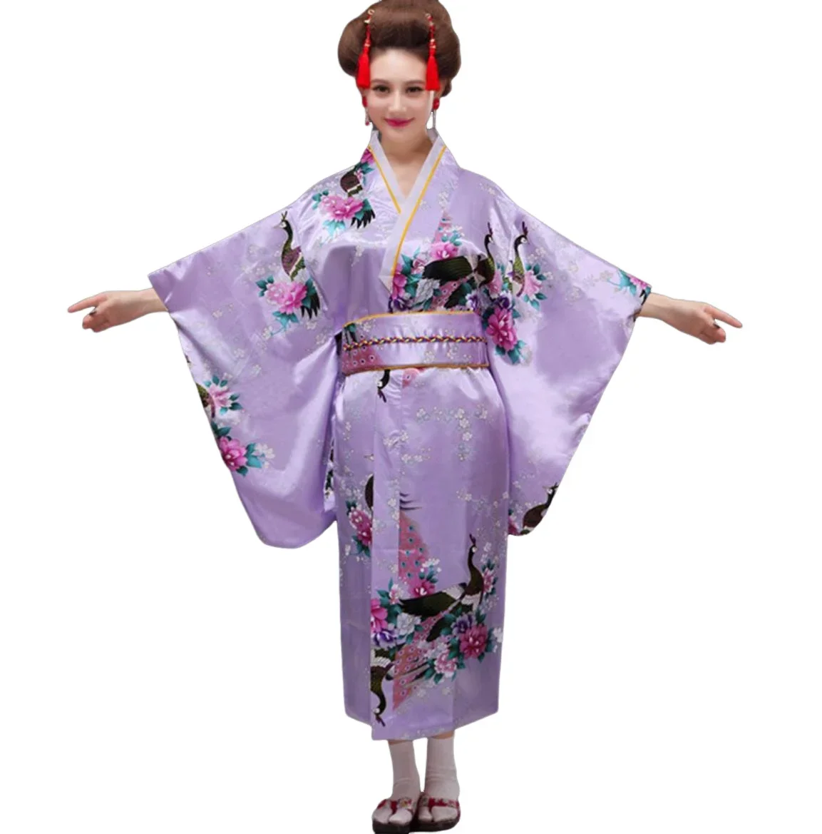 Vestido de banho feminino quimono japonês Yukata de seda falsa com performance Obi, vestido de dança preto, roupas cosplay vintage para senhoras