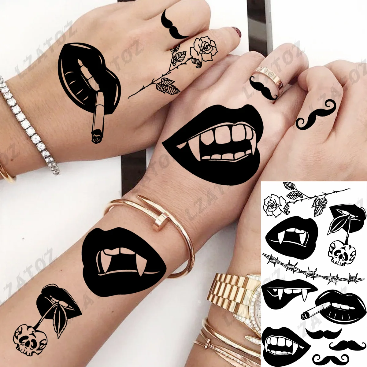 Black Lip Flower Temporary Tattoos For Woman Adults Realistic Thorns Skull Fake Tattoo Sticker Small Body Art Tattoos Decal