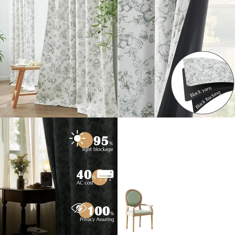 

Затемняющие шторы с цветочным принтом шалфея, длина 96, комплект из 2 панелей с карманом для стержня и задней вкладкой для изолированной обработки окон