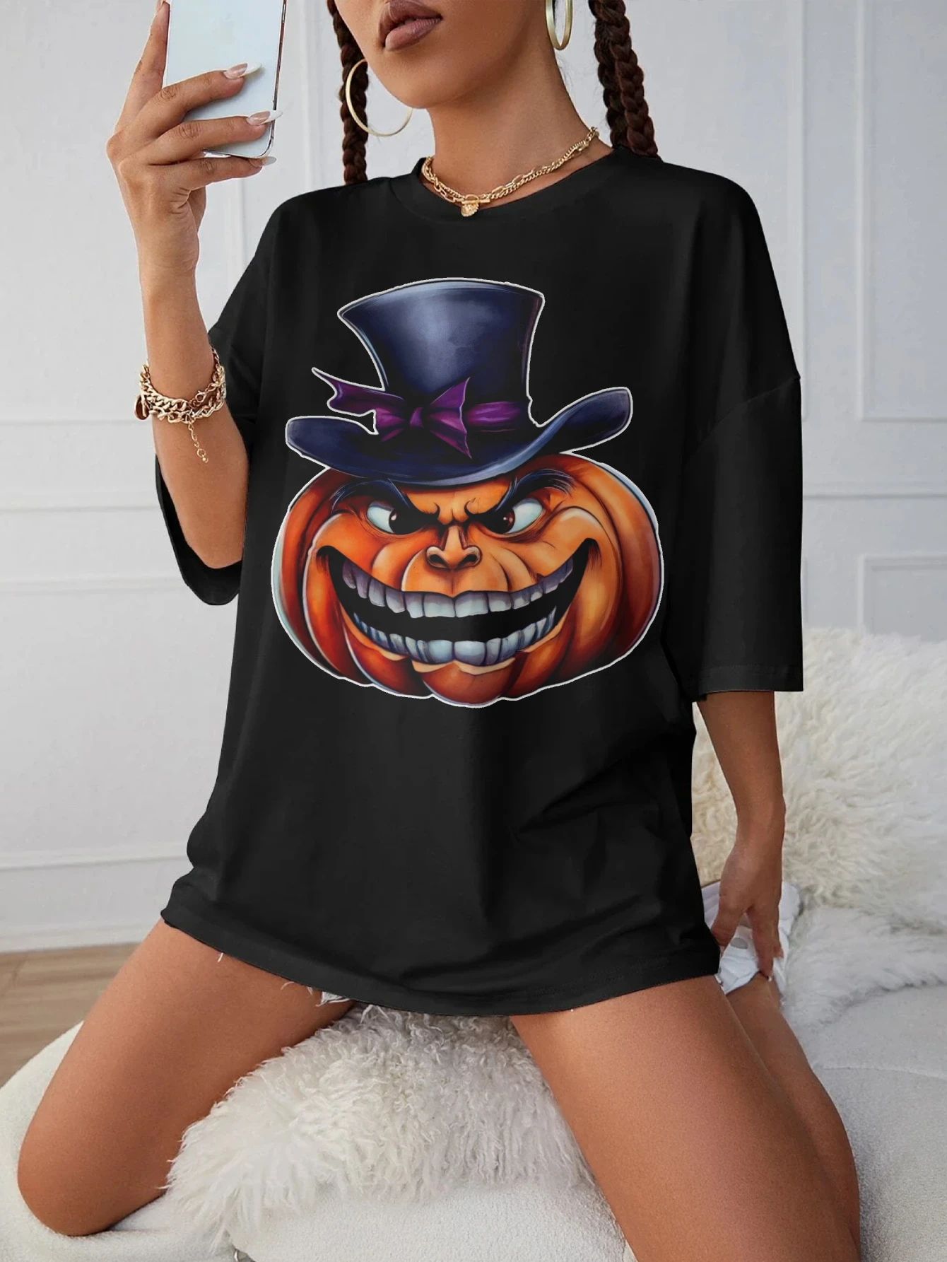 

Scary Halloween Pumpkin Loose Fit Round Neck Black T-Shirt Women's Comfortable Maternity Clothing for Late Pregnancy