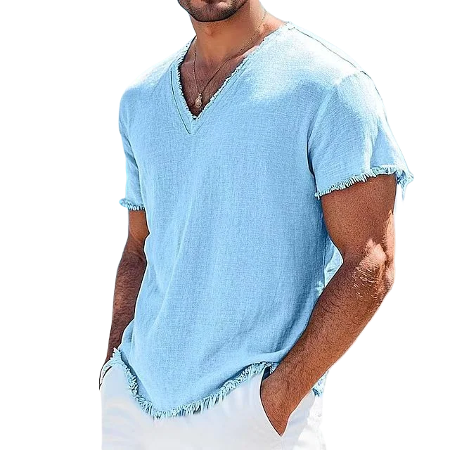2026 Men's Summer Shirt Men's Retro V-Neck Cotton Linen Shirt Hawaii Casual Short Sleeve Beach Tops Outdoor Vacation Shirt