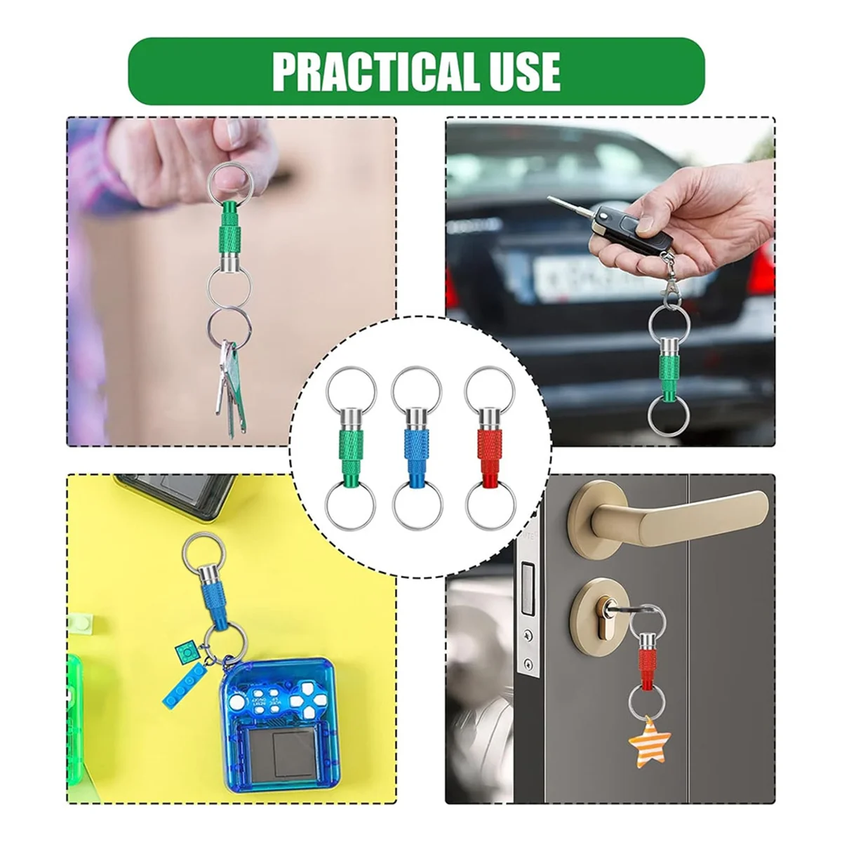 New 3pcs Quick Release Detachable Keychain, Double Rings Pull Apart Keychain, Spring Split Snap Seperate Keychain