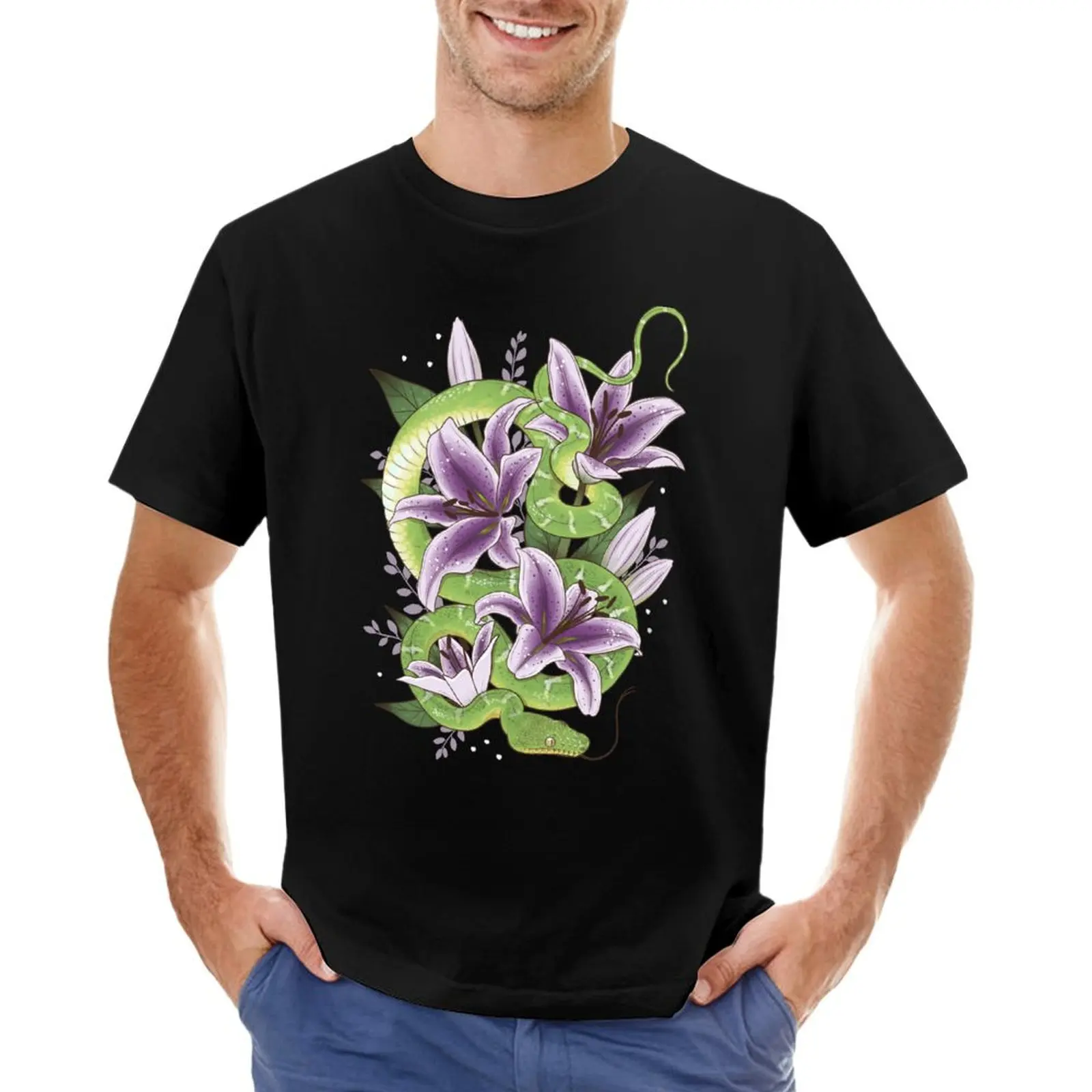 

Emerald Tree Boa with Purple Stargazer Lilies T-Shirt baggy shirts boys whites shirts graphic tee men