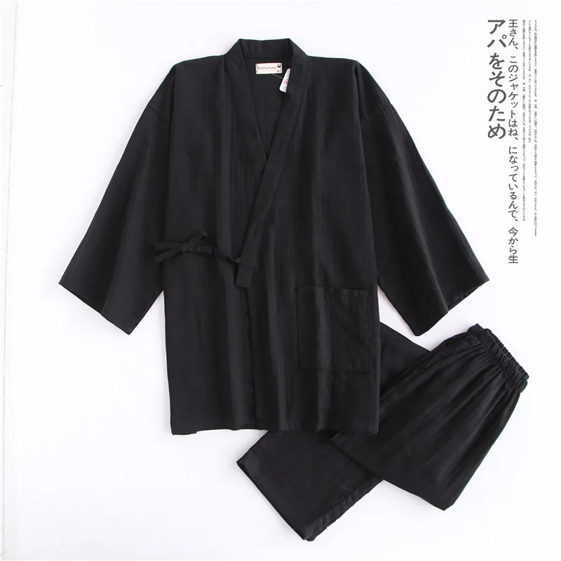 Men Japanese Yukata Kimono Pajamas Shirt Trousers Set Comfort Tracksuit Cotton Gauze Loose Fit