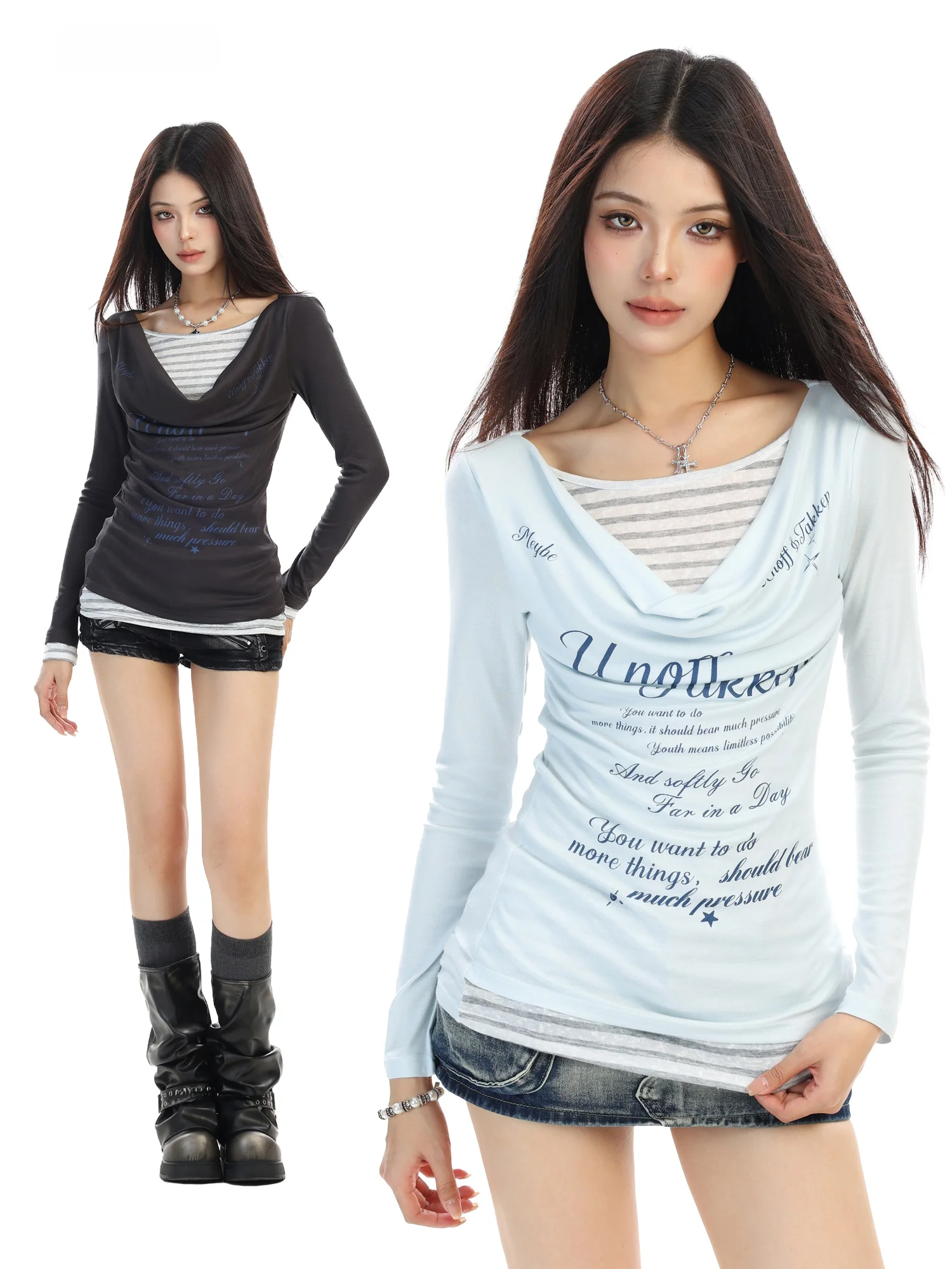 

Женская приталенная футболка с длинным рукавом, весенняя новинка, топ для ношения под одеждой, в американском стиле, с эффектом двухслойности, с воротником-стойкой, для создания образа «hot girl»