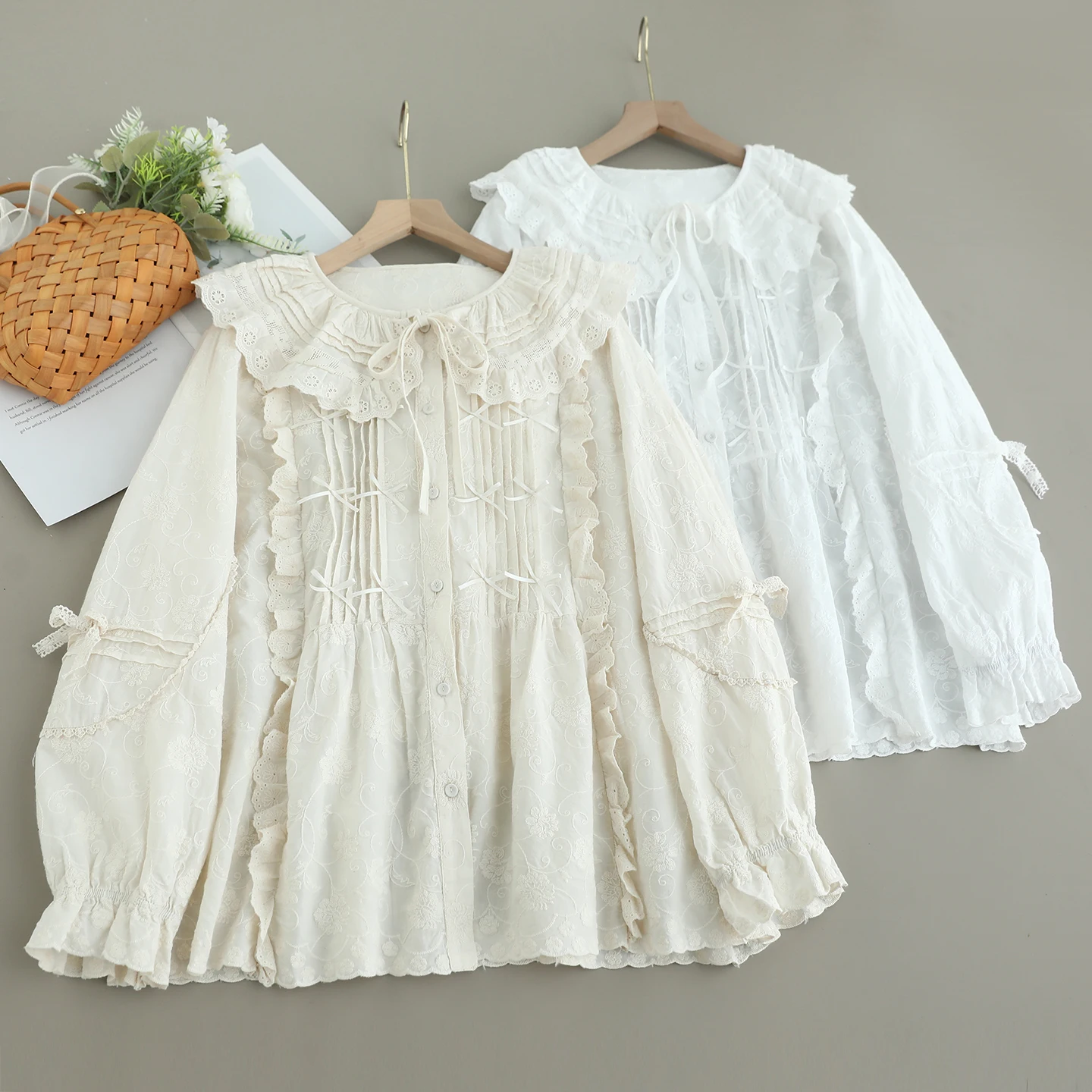 

Japanese Sweet Mori Girl Solid Color Bow Embroidery Cotton Shirts Women Autumn Peter Pan Collar Long Sleeve Casual Loose Blouse