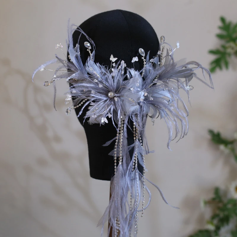 Gray Blue Feather Tassel Hairpin Premium Bridal Hair Accessories