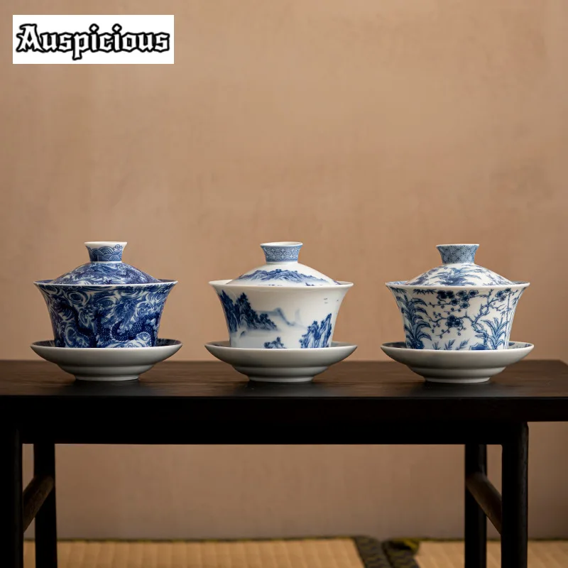 300ml Antique Blue and White Gaiwan Retro Dargon Cup Saucer Tea Tureen Chinese Tea Maker Cover Bowl Tea Services Supplies Craft