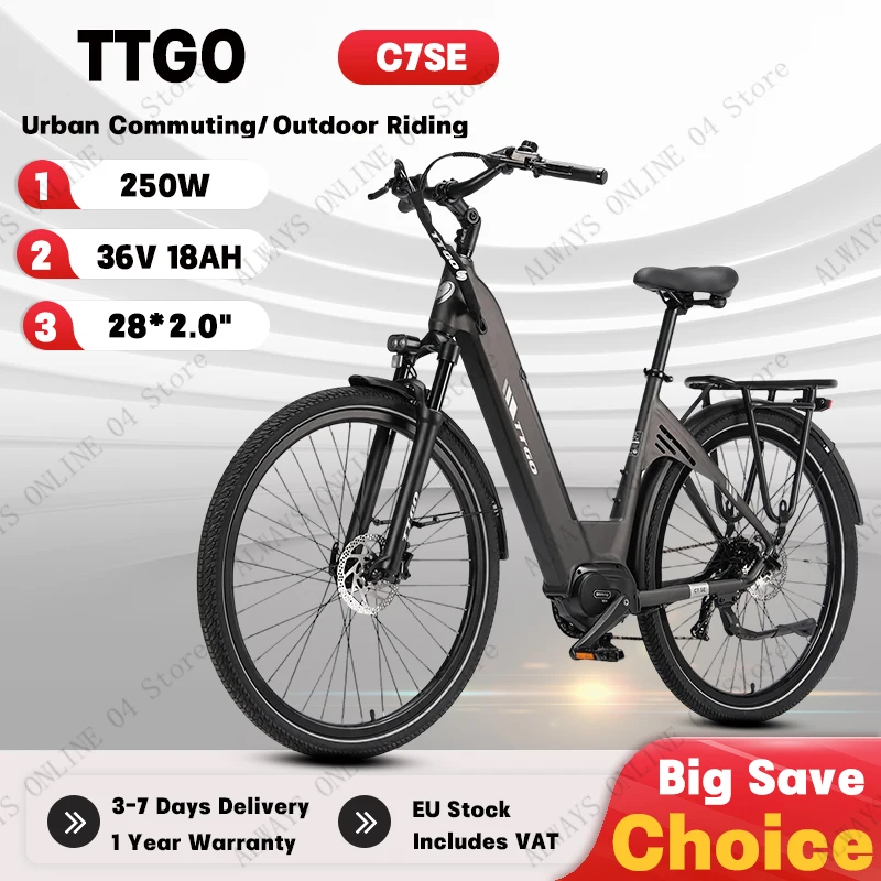 TTGO C7SE Erwachsenen-Stadtfahrrad 250W Motor 36V18Ah Lithium-Akku Reise-Elektrofahrrad 28*2,0" Reifen Hydraulische Scheibenbremsen E-Bike