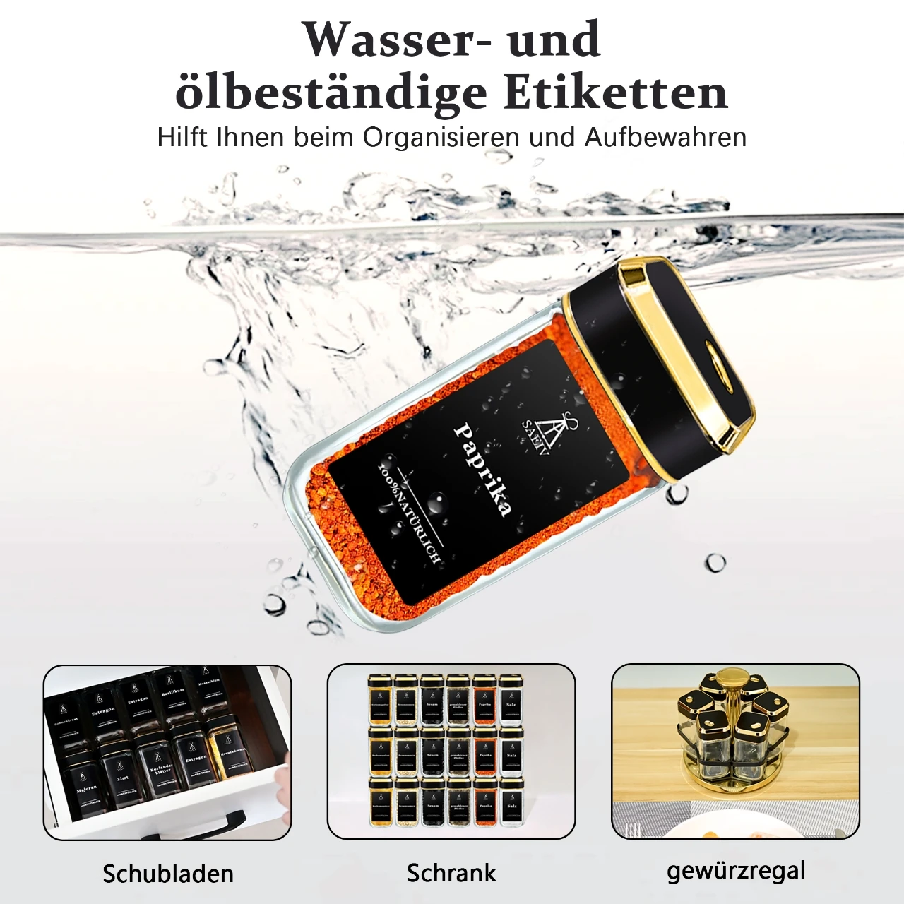 12/24 Gewürzgläser mit schwarz-goldenen Deckeln, Gewürzbehälter-Set, Gewürzetiketten, Glasgewürzgläser für die ordentliche Aufbewahrung von Gewürzen – Detail 4