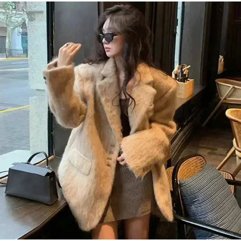 Fashion Fur Blazer Jacket For Women 2024 Y2K Chic Lapel Woolen Plush Pink Coats Elegant Long Sleeve Office Lady Pockets Overcoat