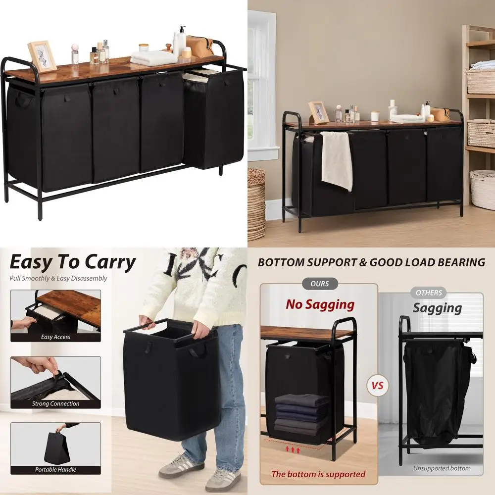 

4-Section Foldable Laundry Hamper Organizer with Removable Bags, 43.4L Capacity, Ideal for Bedroom and Laundry Room, Brown