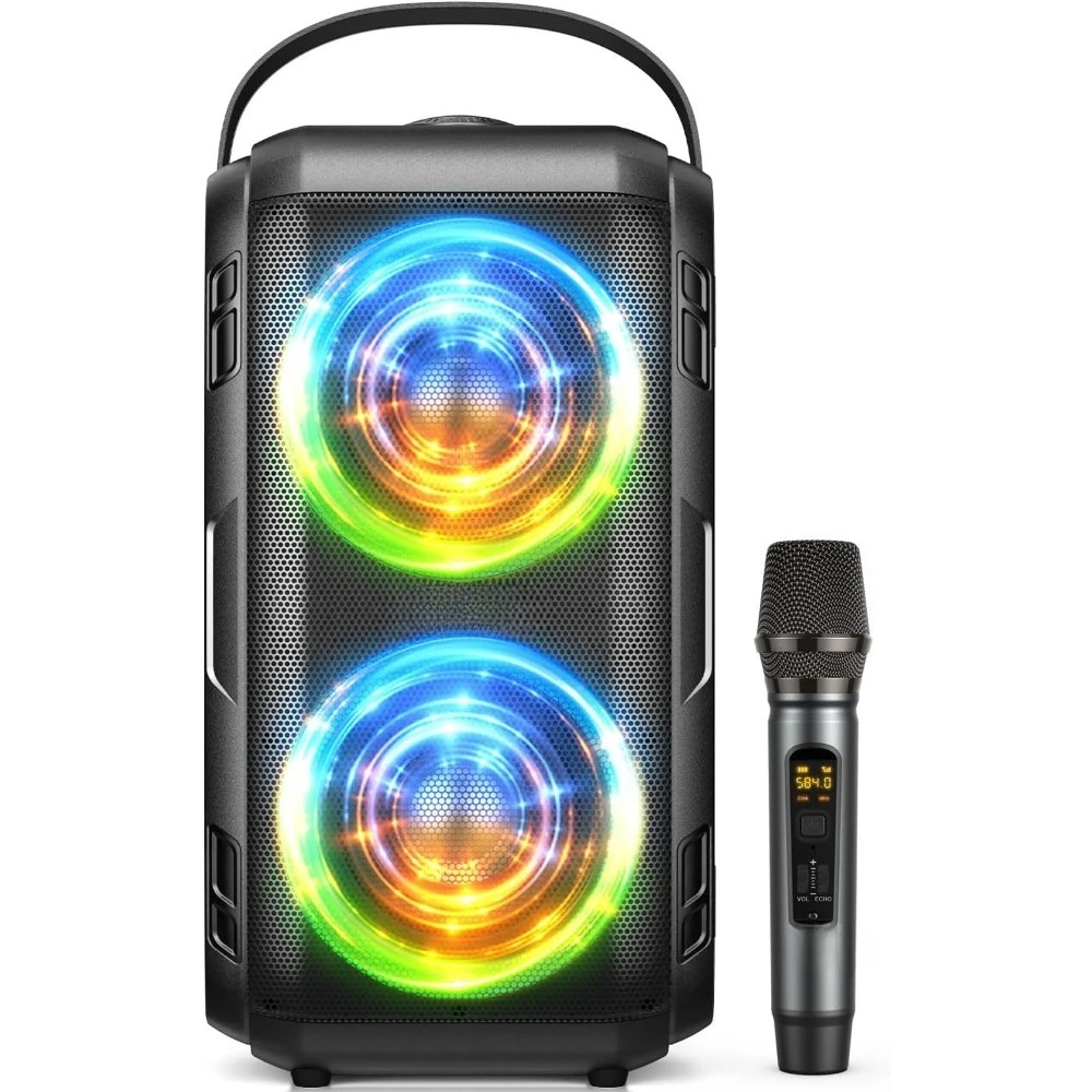 

80W Portable Bluetooth Party Speaker with 2 Wireless Microphones 105dB Loud Stereo Sound RGB Lights IPX5 Waterproof AUX TF