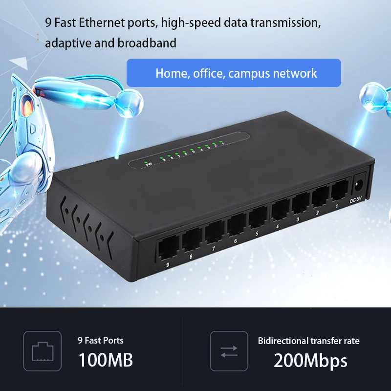 RJ45 LANスイッチアダプター 9ポート ゲームネットワークスイッチ 100M インターネットスプリッターアダプター ドックステーション プラグアンドプレイ イーサネットスイッチャー